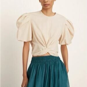 Vince Twist Knot Cropped Top Blouse Puff Sleeve Womens Size Small Neutral Casual